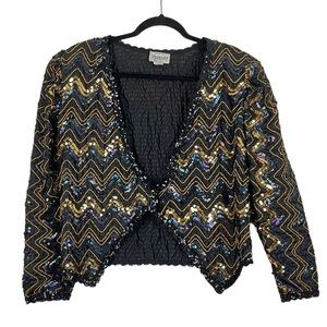VINTAGE Black & Gold Sequined Chevron Dressy Jacket with Shoulder Pads SZ MD